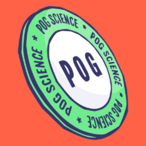 Logo de PogScience, jeton blanc avec écrit POG, au pourtour vert inscrit PogScience en cercle, quatre fois.